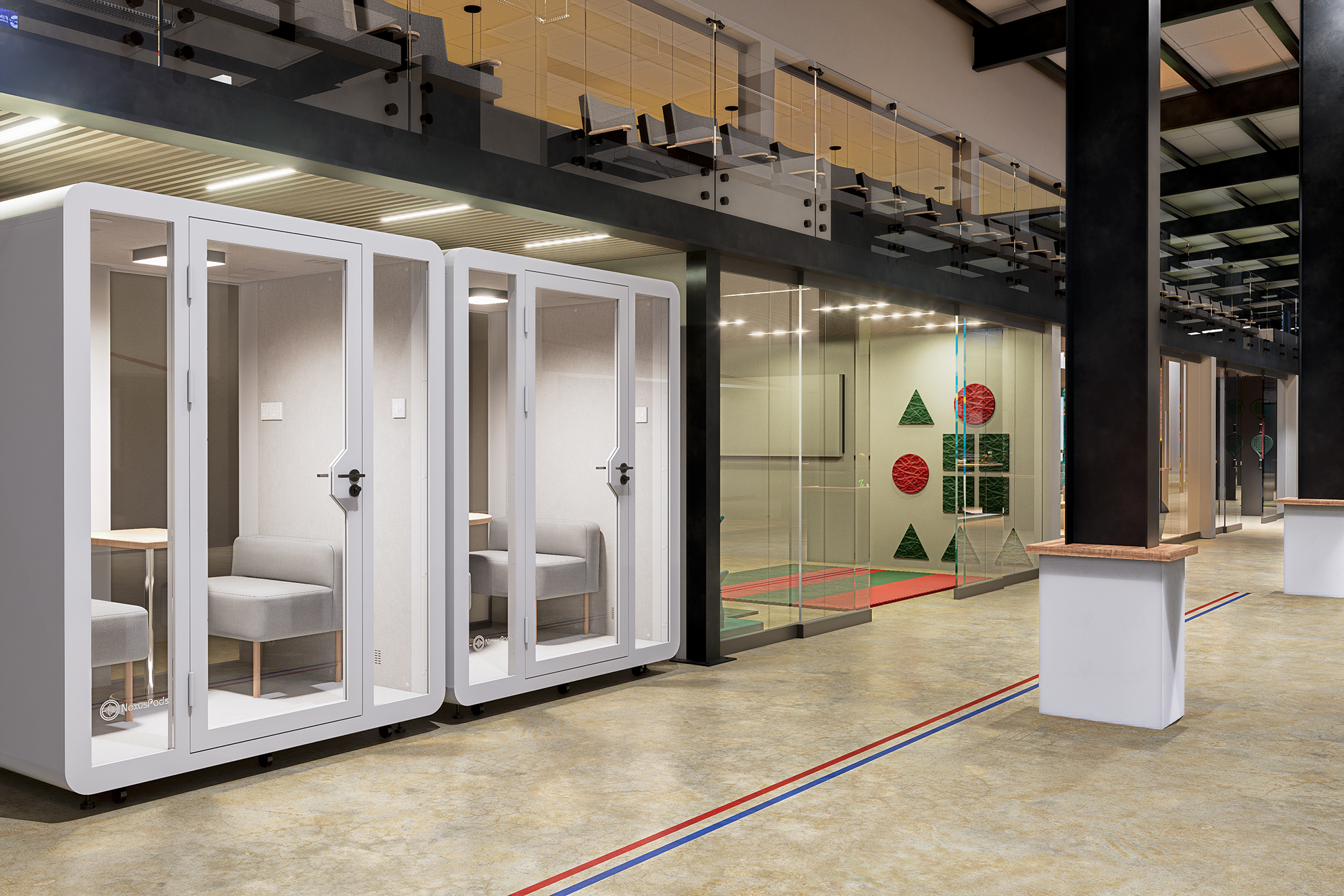 Two Duo Booths side by side in a stadium setting, providing soundproof private spaces for staff, fans, or event organizers.
