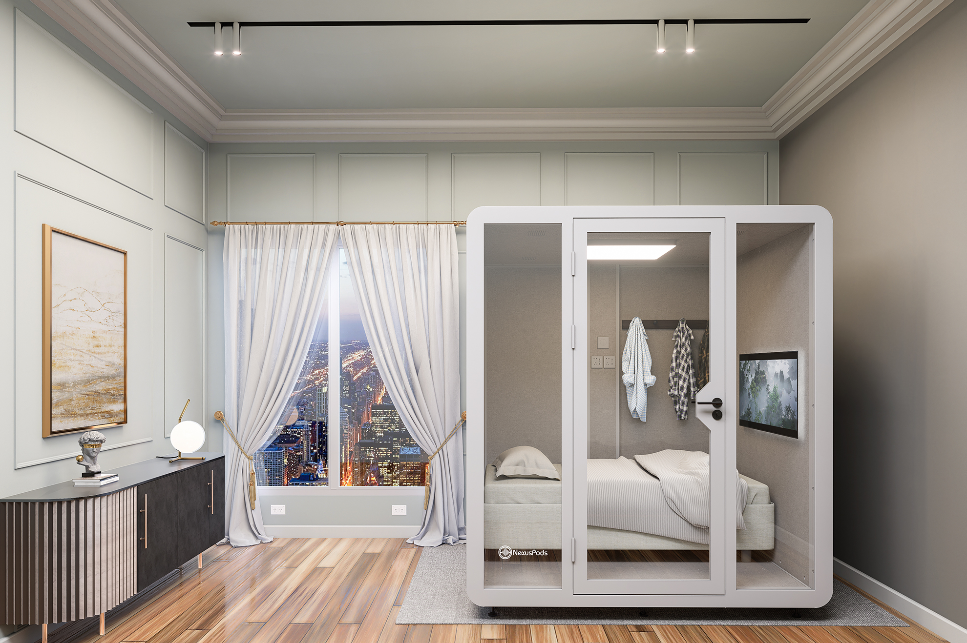 Hex Booth in a bedroom setting, transformed into a soundproof private room with space for relaxation and comfort.