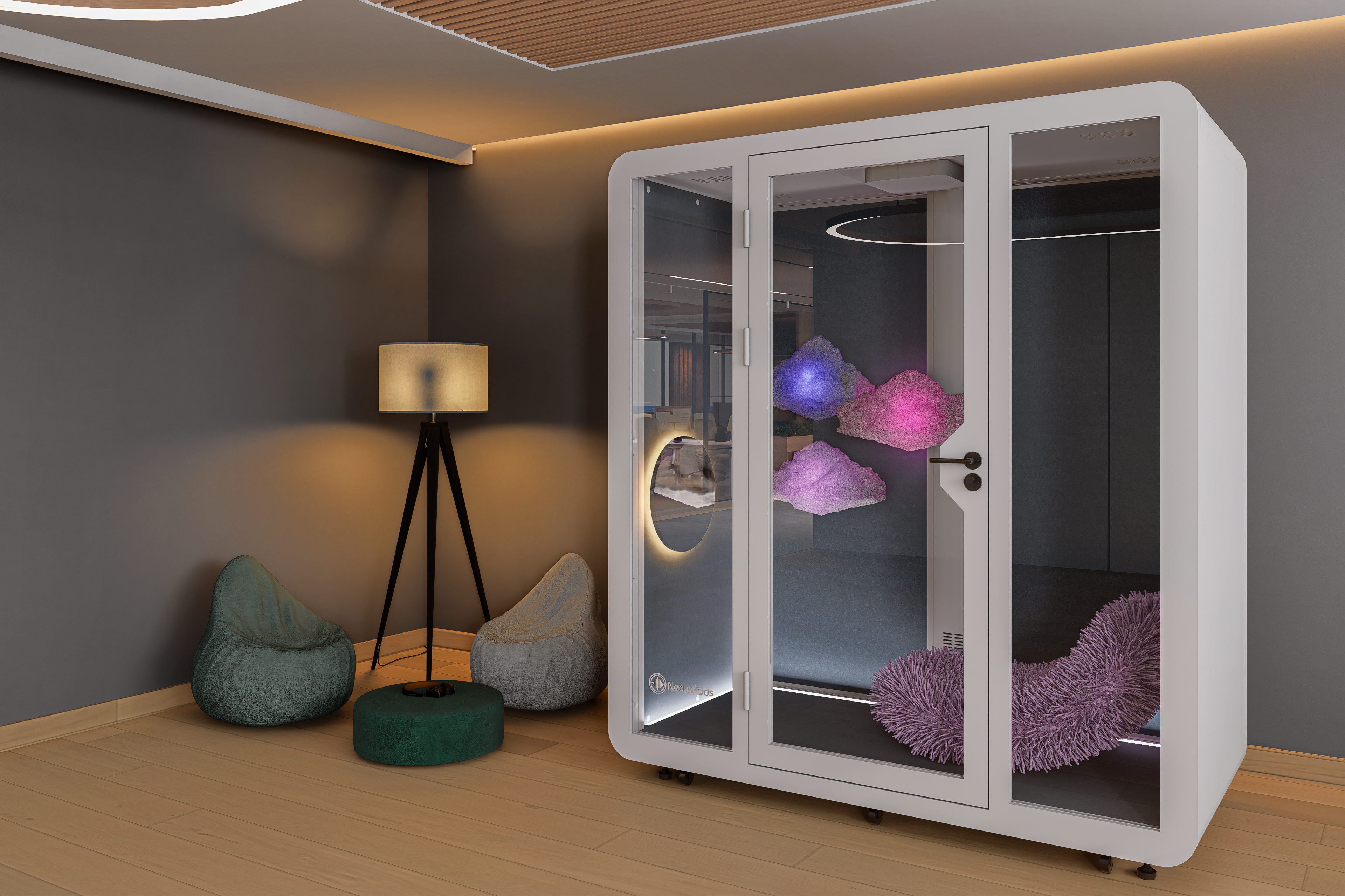 Duo Booth set up as a sensory pod with calming lights and soft furnishings for relaxation and sensory therapy.