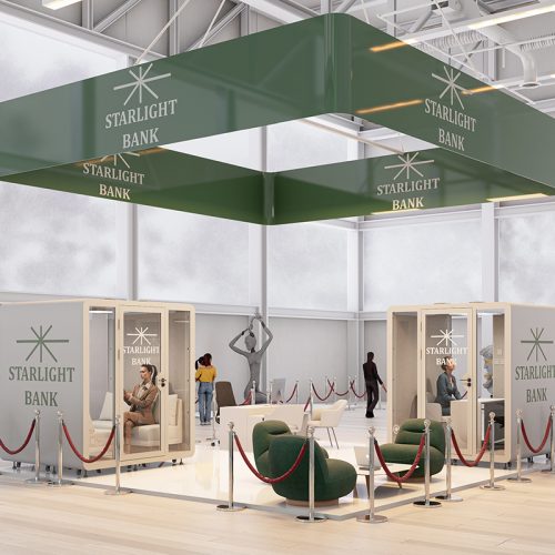 Two 6-person Hex soundproof booths in an exhibition centre, set up as a pop-up banking store with a bank's logo and signage, offering private spaces for conversations.