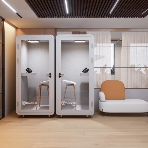 Two Solo Booths side by side in an office, offering soundproof spaces for focused work and uninterrupted calls.