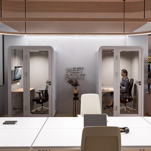 Two Nexus Pods solo plus soundproof booths in an office with a 'meet point' sign on the wall, showing a person inside one booth on a laptop engaged in a video conference.