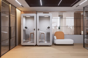 Two Solo Booths side by side in an office, offering soundproof spaces for focused work and uninterrupted calls.