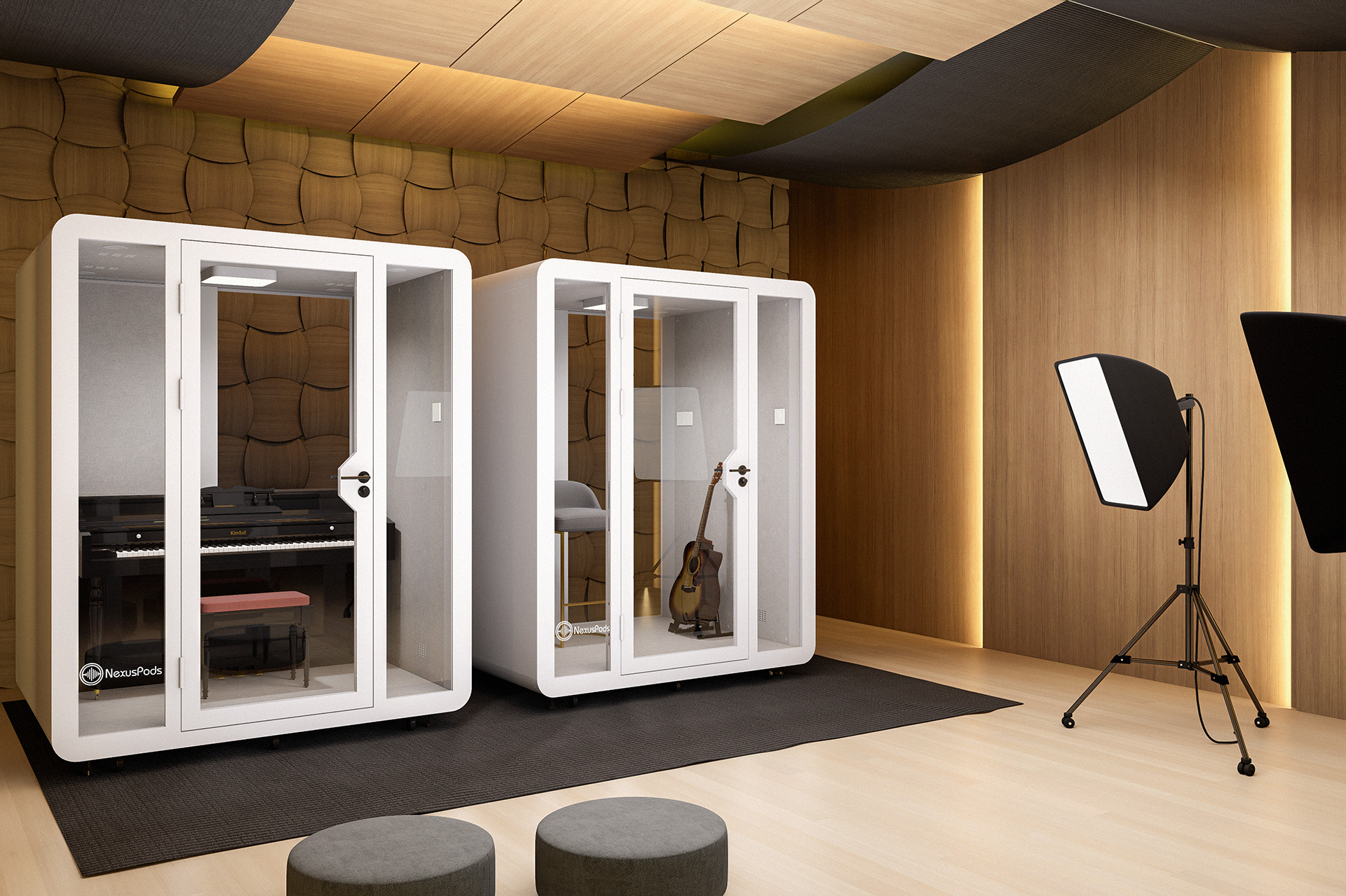 Two Quad Booths side by side in a recording studio, providing soundproof spaces for music production and collaboration.